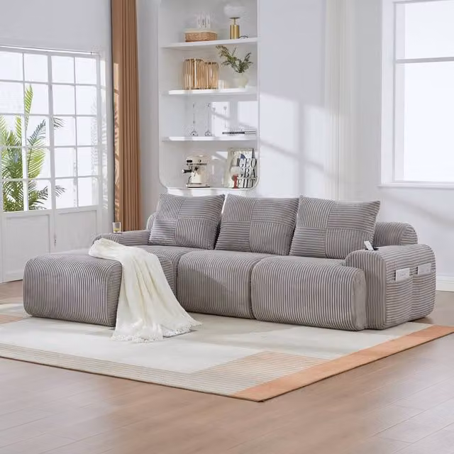 Matteo Modular Corduroy 3-Seater Sofa with Matching Ottoman and Cup Holders in Light Grey
