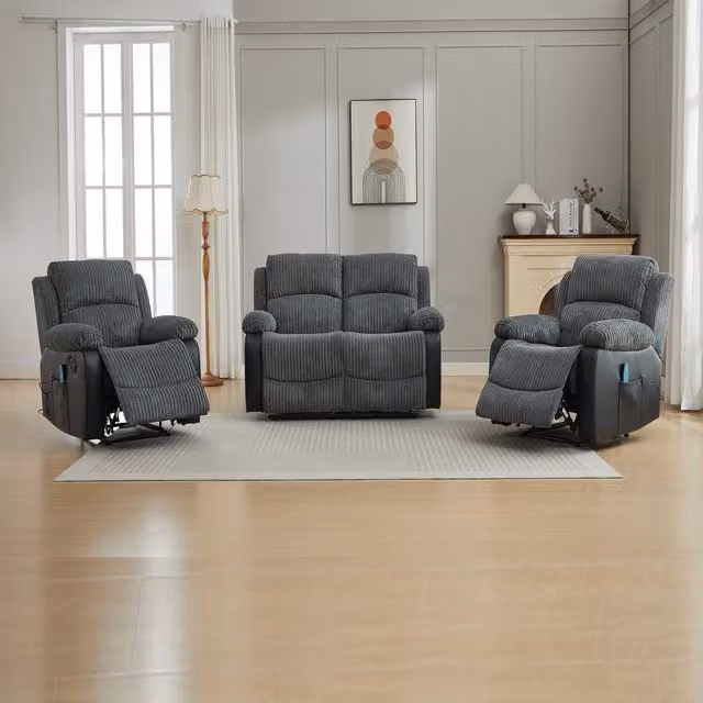 Furniture One Grey Corduroy 4 Piece Reclining Sofa Suite with Motorised Massage Seats