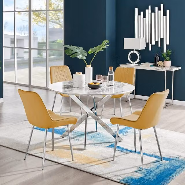 FurnitureboxUK Novara White Marble Effect Round Dining Table with 4 Pesaro Silver and Mustard Chairs, Diameter: 120 cm