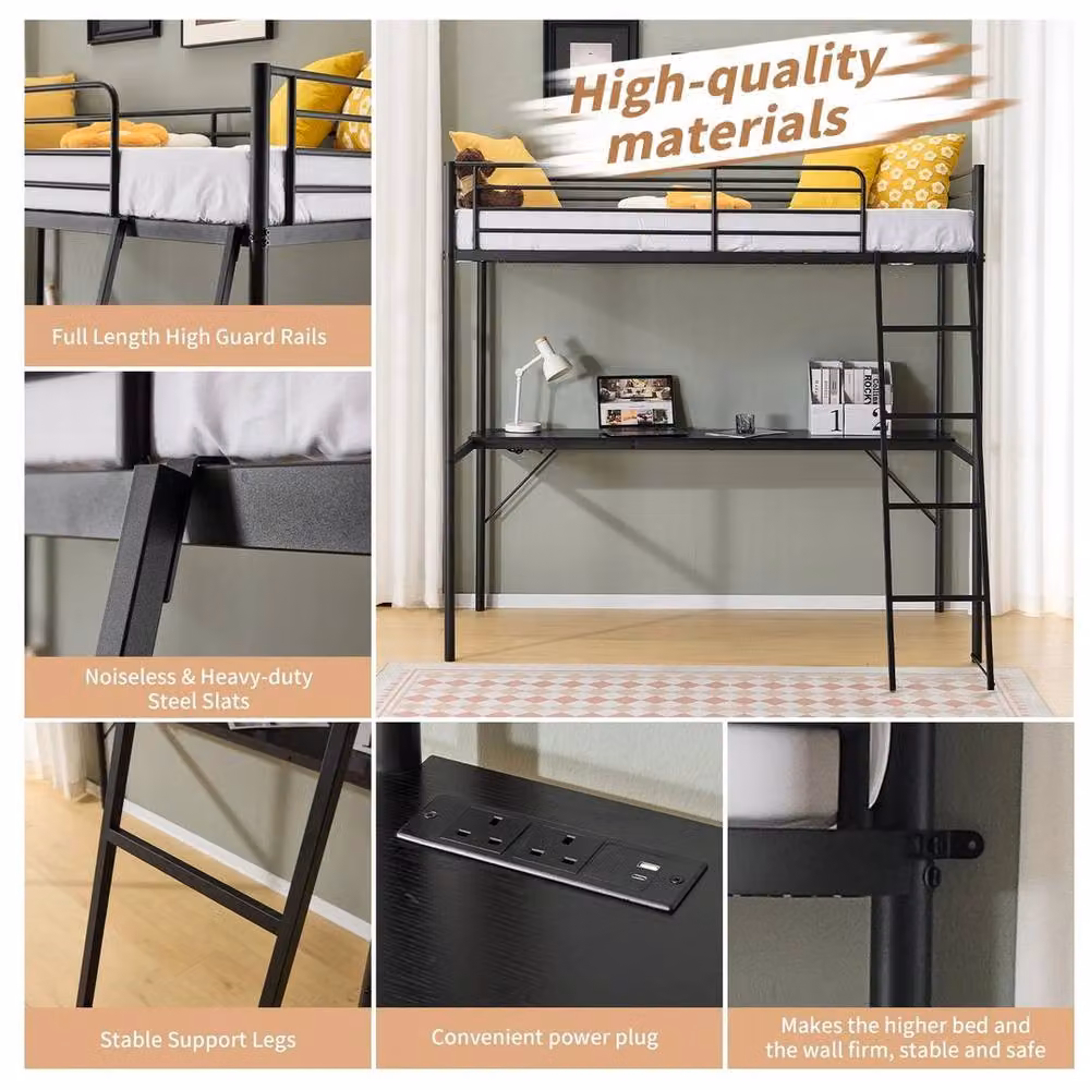 KORVIXA Metal Single Loft Bed Frame with Desk and Under-Bed Lighting in Black, Size: 90 x 190 cm – 5