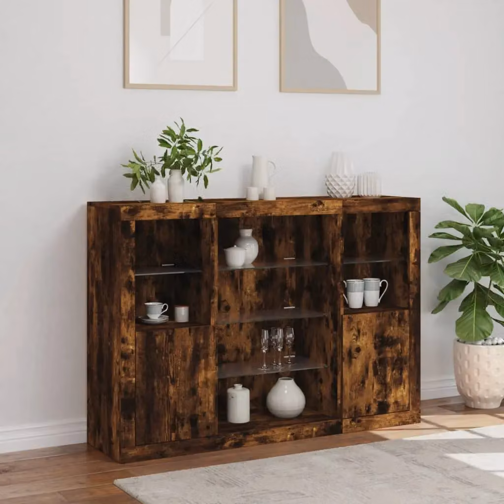 Berkfield Home 3-Piece Smoked Oak Sideboard Set with Integrated LED Lighting in Brown – 3