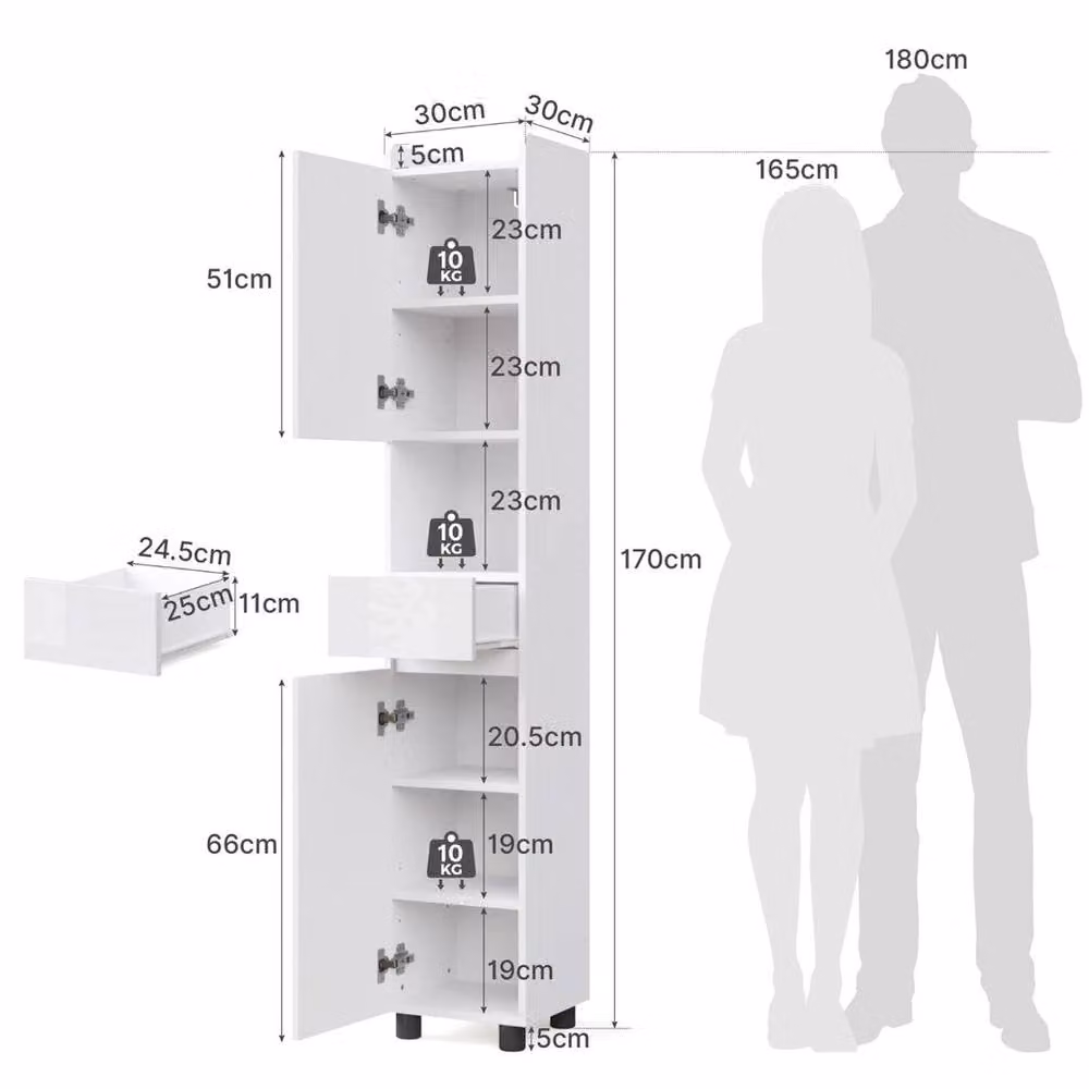 EONLION Tall Slim White Glossy Bathroom Cabinet with Adjustable Internal Shelves, H 170 x W 30 x D 30 cm – 2