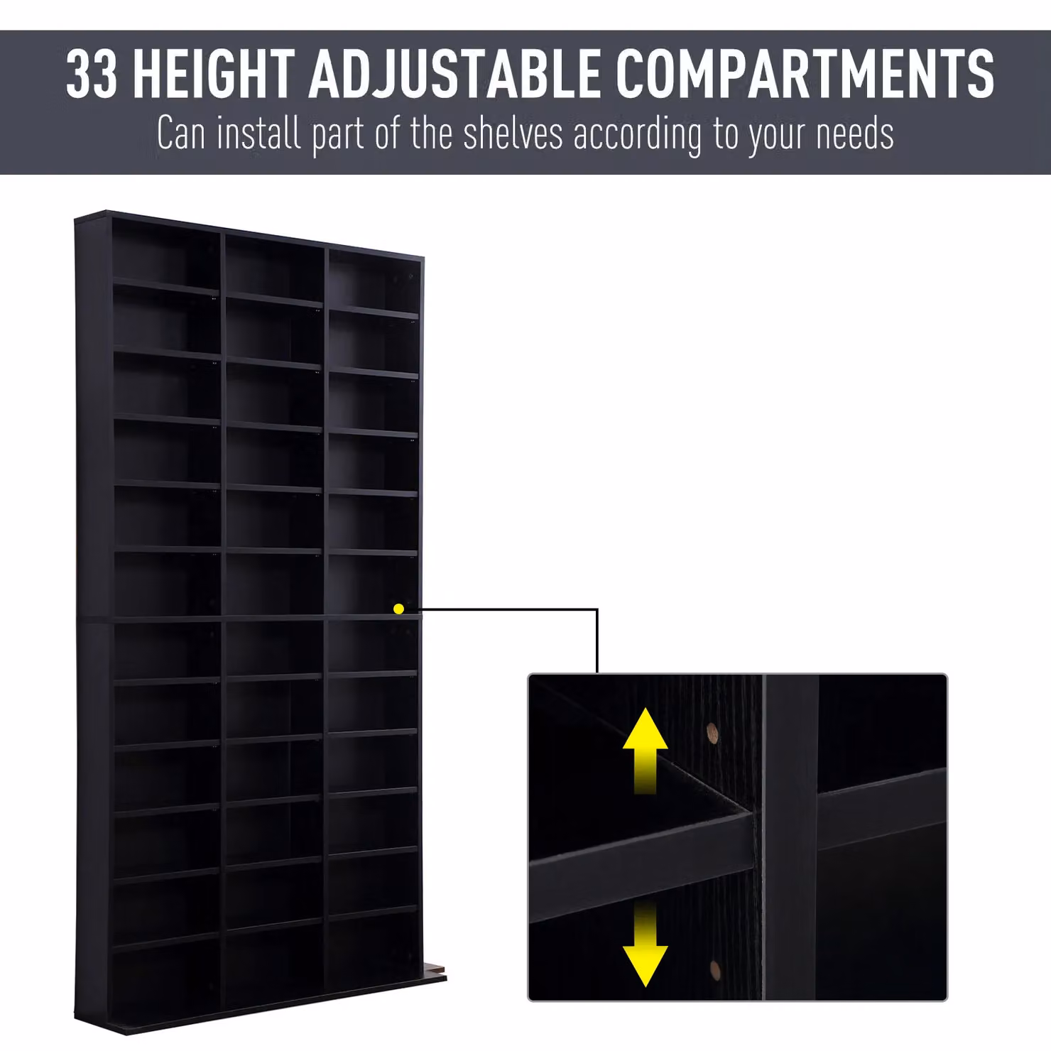 HOMCOM Modern Black Wooden Media Storage Display Shelf with Adjustable Compartments and Back Panel, H: 195.0 cm x W: 102.0 cm – 3