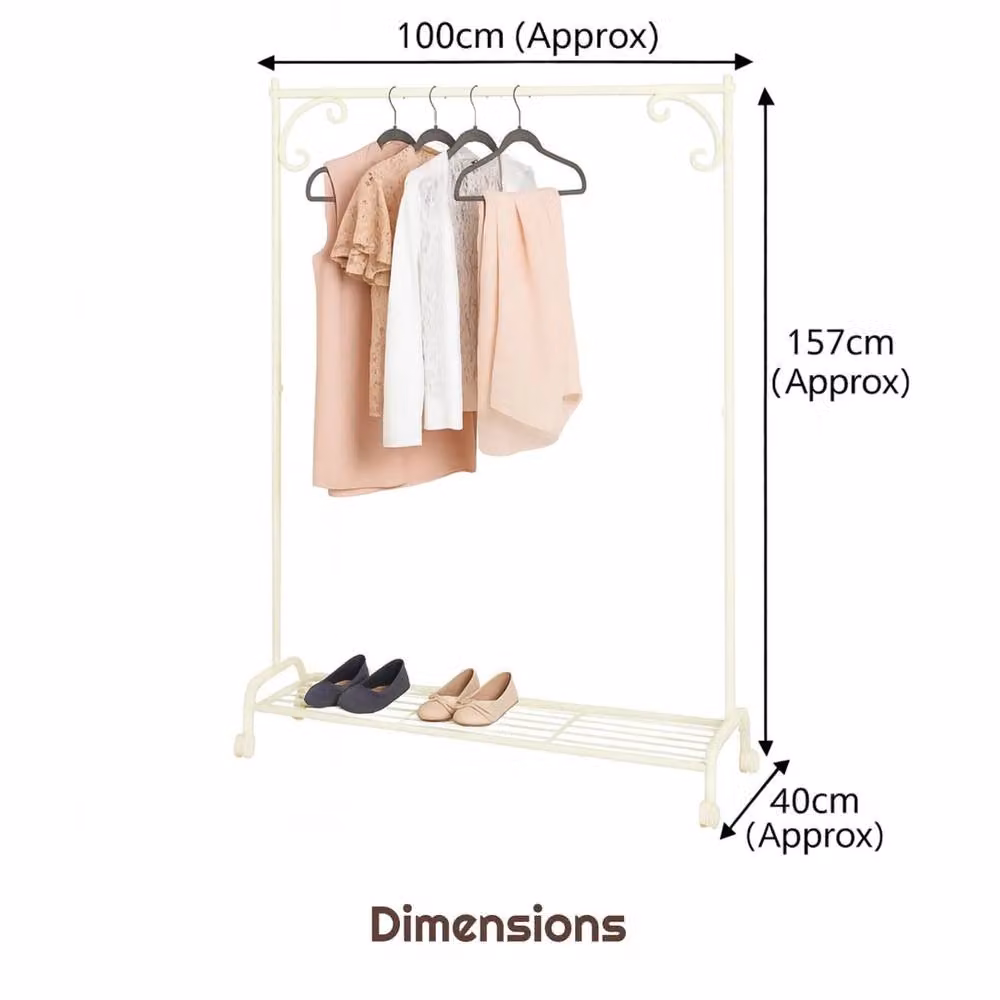 FORGEVIO Vintage Metal Garment Rail with Shoe Rack in Cream White, H 157 x W 100 x D 40 cm – 2