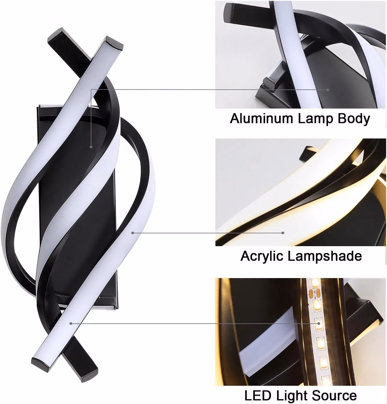 COMELY Modern Spiral LED Wall Light, 22W Black Aluminium Lamp with Warm White 3000K Light – 4
