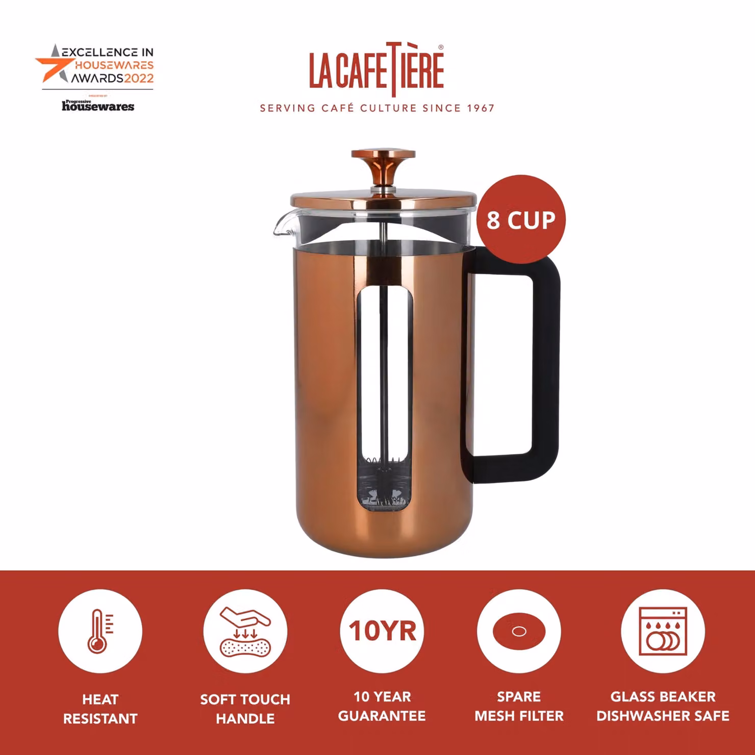 La Cafetiere Pisa Stainless Steel Eight Cup Cafetiere in Copper/Bronze – 3