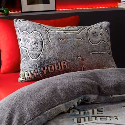 Catherine Lansfield Game Over Glow in the Dark Fleece Duvet Cover and Pillowcase Set, Black and Grey, W/H: 200 x 200 cm – 3