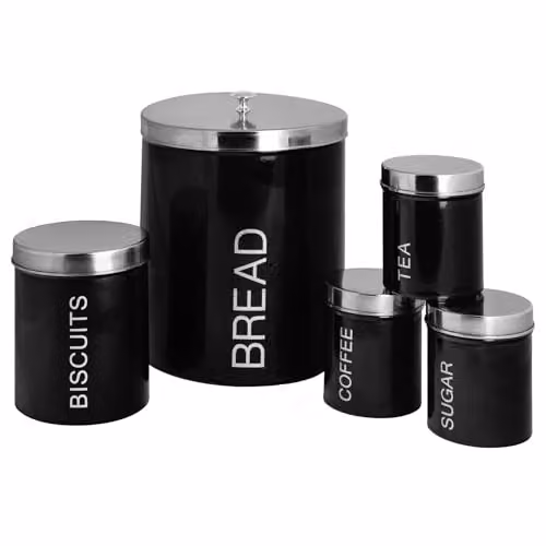 Harbour Housewares 5 Piece Metal Kitchen Canister Set with Airtight Lids in Black