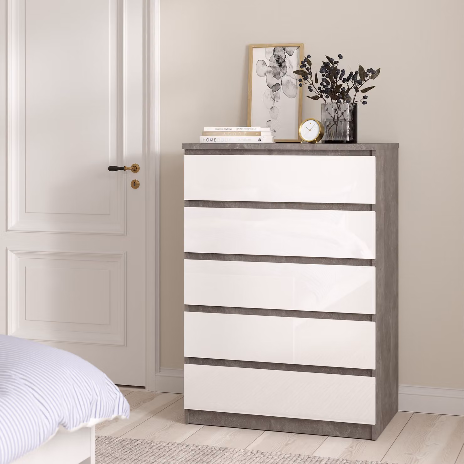 Furniture To Go Naia Chest of 5 Drawers in White and Grey High Gloss – 2