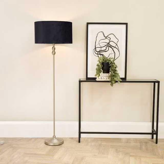 ValueLights Maggie Brushed Chrome Candlestick Floor Lamp with Black Velvet Shade and LED Bulb