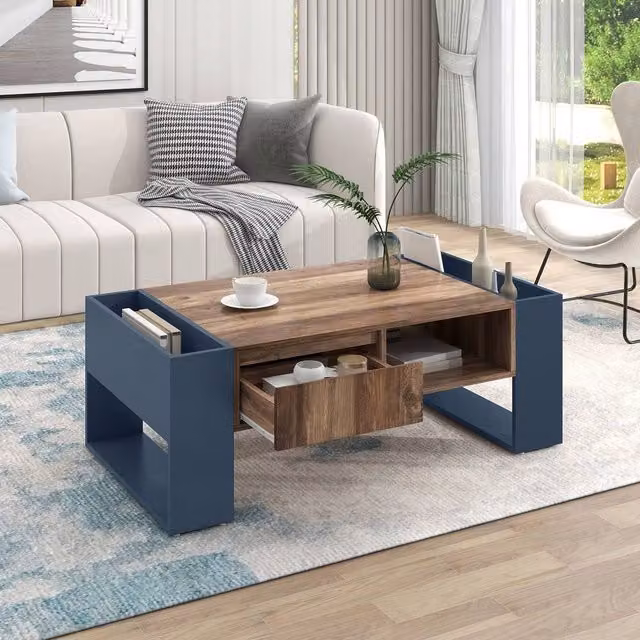 Merax Storage Coffee Table with Handleless Drawer and Side Compartments in Walnut, W/D/H: 111 x 60 x 40 cm