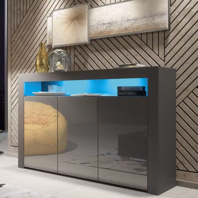 Mex Furniture LTD Modern Glossy Sideboard with Integrated LED Lighting in Dark Grey, W: 155 cm, H: 92 cm, D: 40 cm