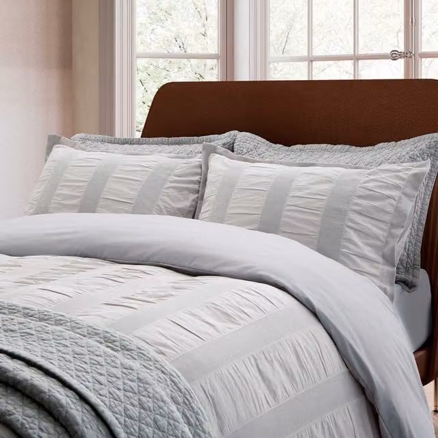 Bedeck of Belfast Silver Woven Waffle Stripe Cotton Super Kingsize Duvet Cover and Pillowcase Set, W: 260 cm, L: 220 cm – 1