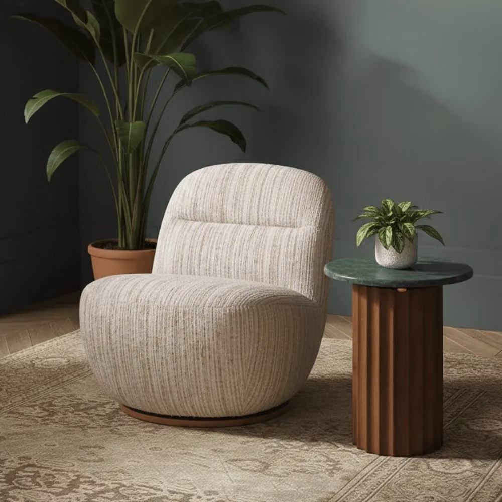 Atkin & Thyme Susie Swivel Chair in Beige Multicolour Striped Textured Weave Fabric