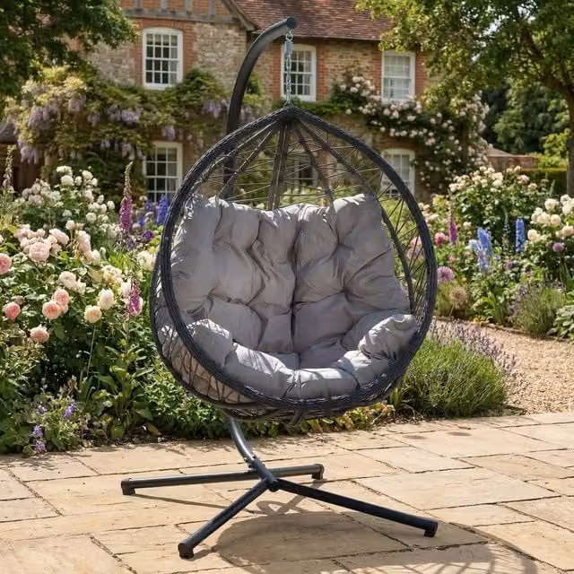 Rosewood & Stone Home Dunham Single Egg Chair in Light Grey with Metal Frame and Rattan Design, H 190 x W 105 x D 103 cm – 1
