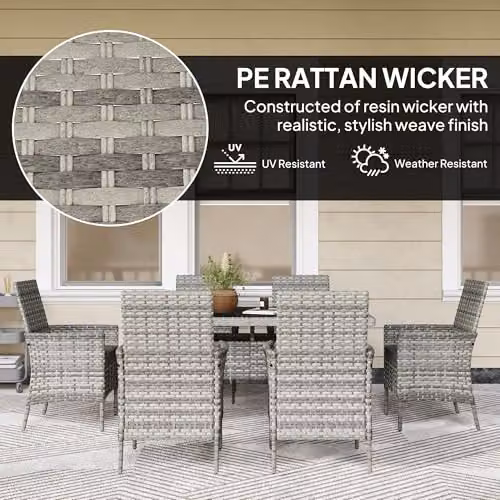 Outsunny 6 Seater Rattan Garden Furniture Set in Grey with Glass Top Rectangular Table – 4