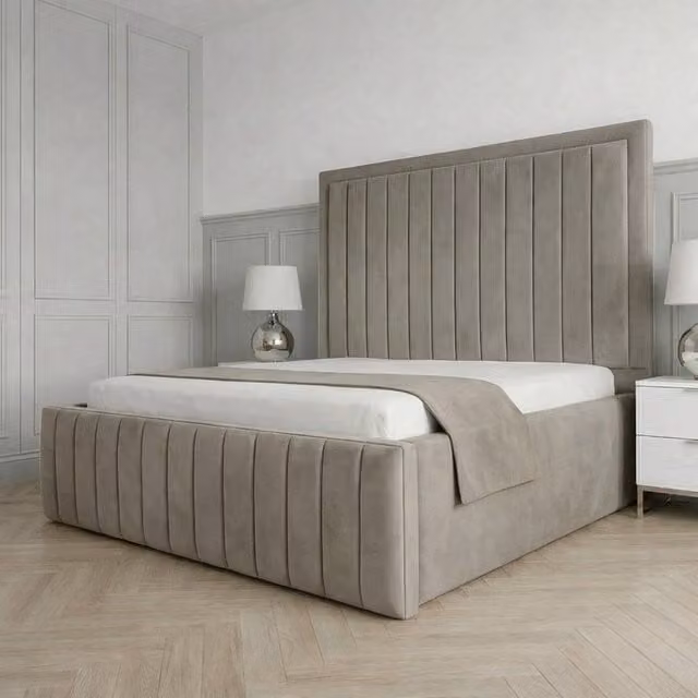 Living Comfort Bedz Sovereign Plush Velvet Upholstered King Size Bed with Slatted Base and 48 Inch Headboard in Light Grey