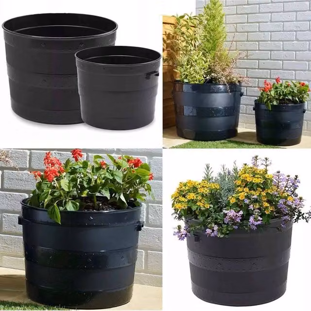 SPETLEK Black Plastic Round Barrel Planter Tub for Ornamental and Indoor Plants