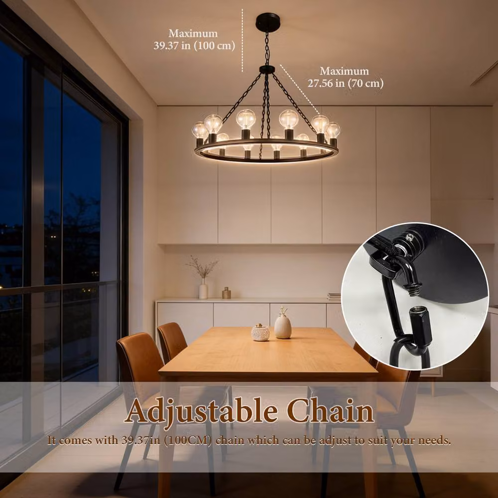 INMTFEI 12-Light Black Steel Wagon Wheel Chandelier Adjustable Industrial Pendant Light – 4