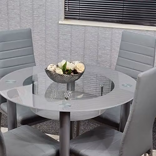 Kosy Koala Modern Round Glass Dining Table and 4 Grey Faux Leather Chairs Set, W/D/H: 90 x 90 x 75 cm – 3