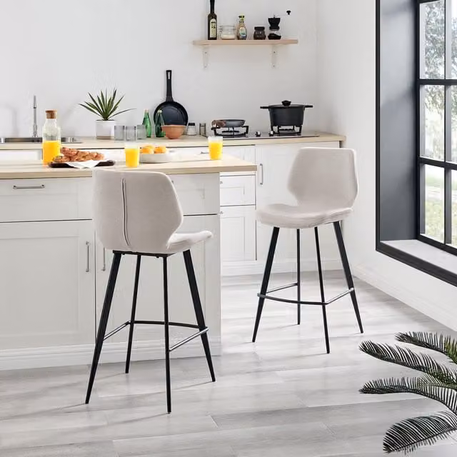 FurnitureboxUK Set of 2 Nyla Fabric Upholstered Kitchen Breakfast Bar Chairs in Cream with Black Legs