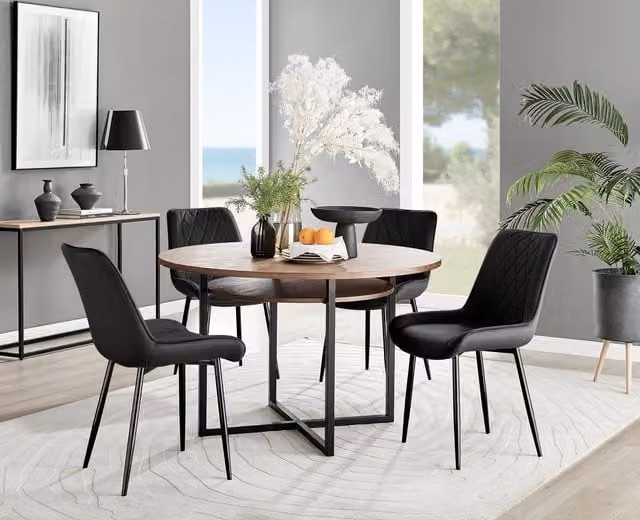 FurnitureboxUK Adley Brown Wood Round Dining Table and 4 Pesaro Black Leg Chairs