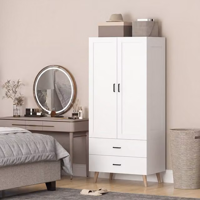 HOMCOM Modern White 2 Door Wardrobe with Integrated Drawers and Hanging Rail, H 180 x W 52 x D 52 cm