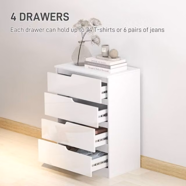 STILVORA Modern Glossy White Chest of Drawers with Four Drawers