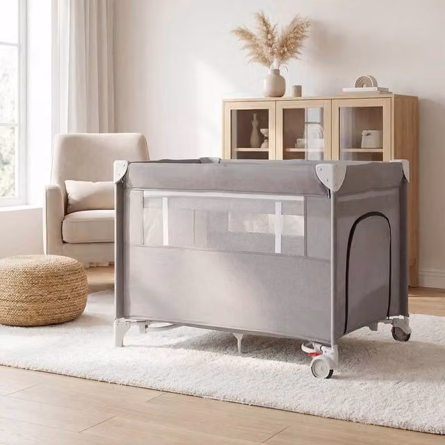 FORGEVIO Folding Travel Cot and Playpen with Mattress in Grey, W: 125 cm, D: 66 cm