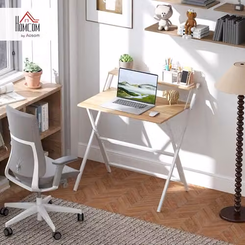 HOMCOM Folding Computer Desk with Monitor Shelf in Natural Wood Finish and White – 2