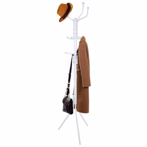Harbour Housewares White Metal Coat Rack with 12 Hooks and Umbrella Holder, Height: 182 cm