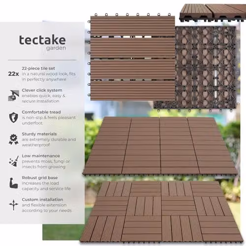 tectake 22-Piece WPC Decking Tile Set in Brown, 31 x 31 cm per Tile, 2.1142m² Total Area – 2