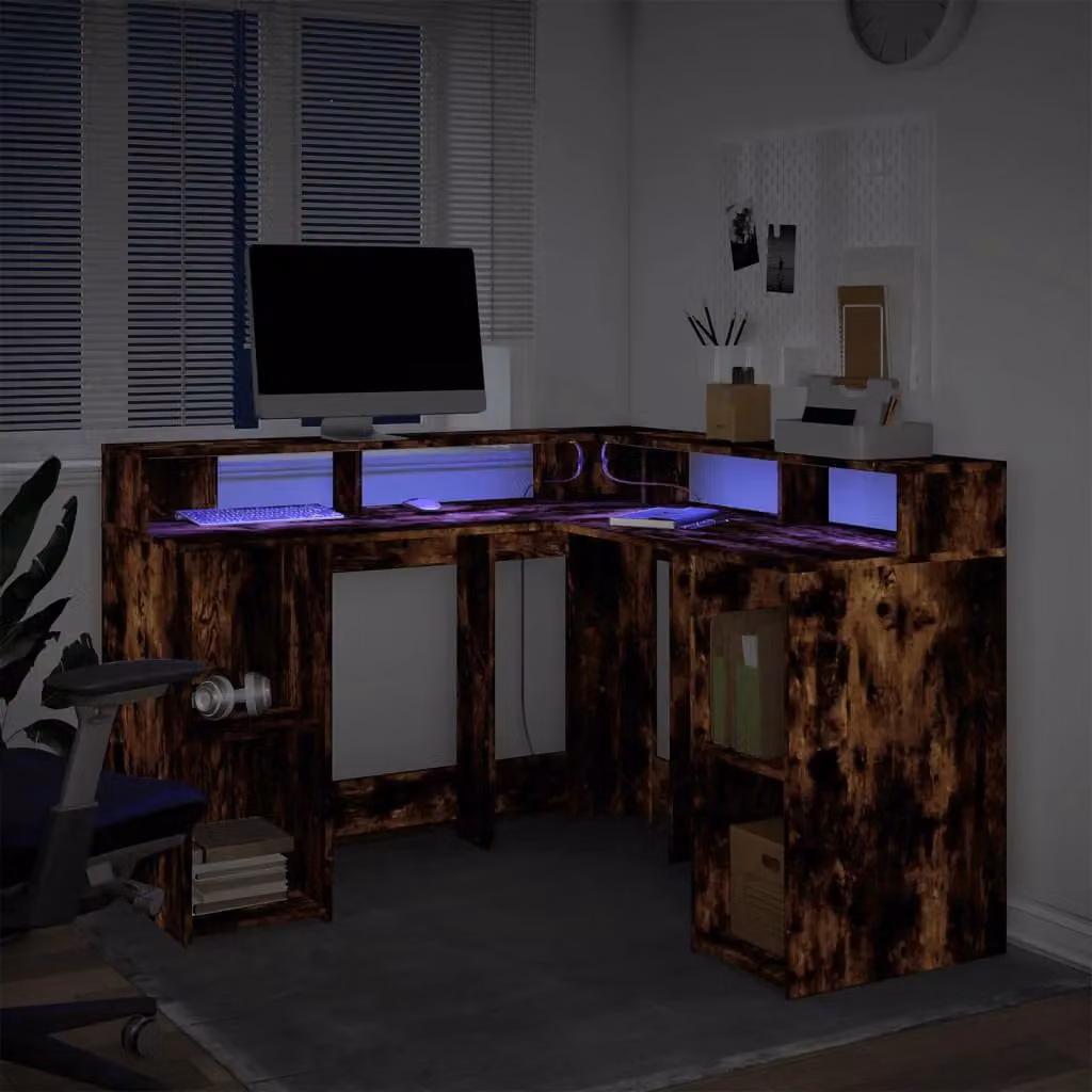 Berkfield Home Corner Desk with LED Lights in Smoked Oak Brown, W/D/H: 130 x 130 x 91 cm – 5