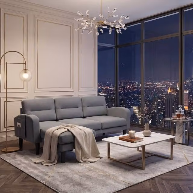 FENCHILIN Modular L-Shaped Sectional Sofa with Matching Ottoman in Grey Fabric