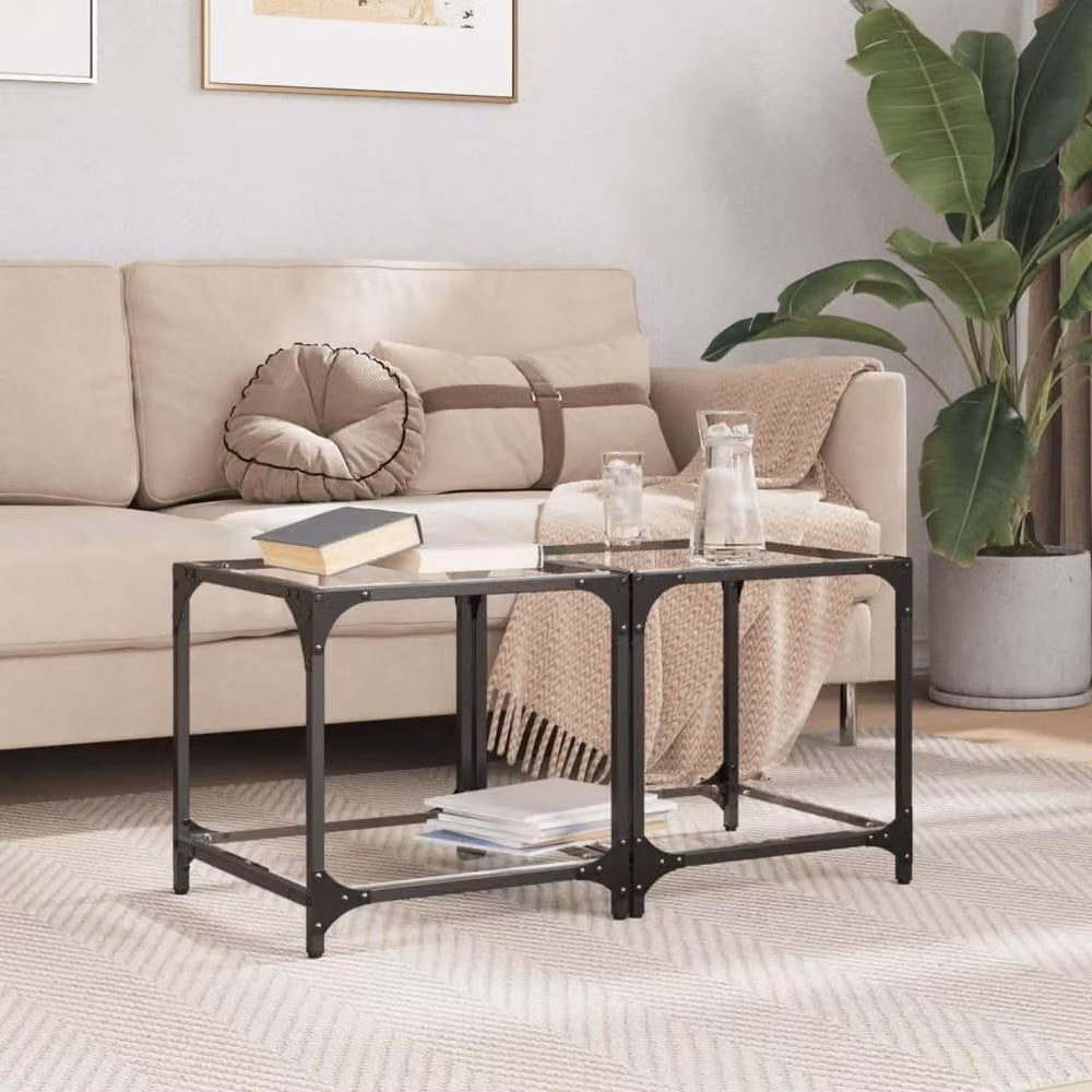 Berkfield Home Set of 2 Modern Square Coffee Tables with Transparent Glass Tops and Steel Frames, W/D/H: 40 x 40 x 40 cm – 1