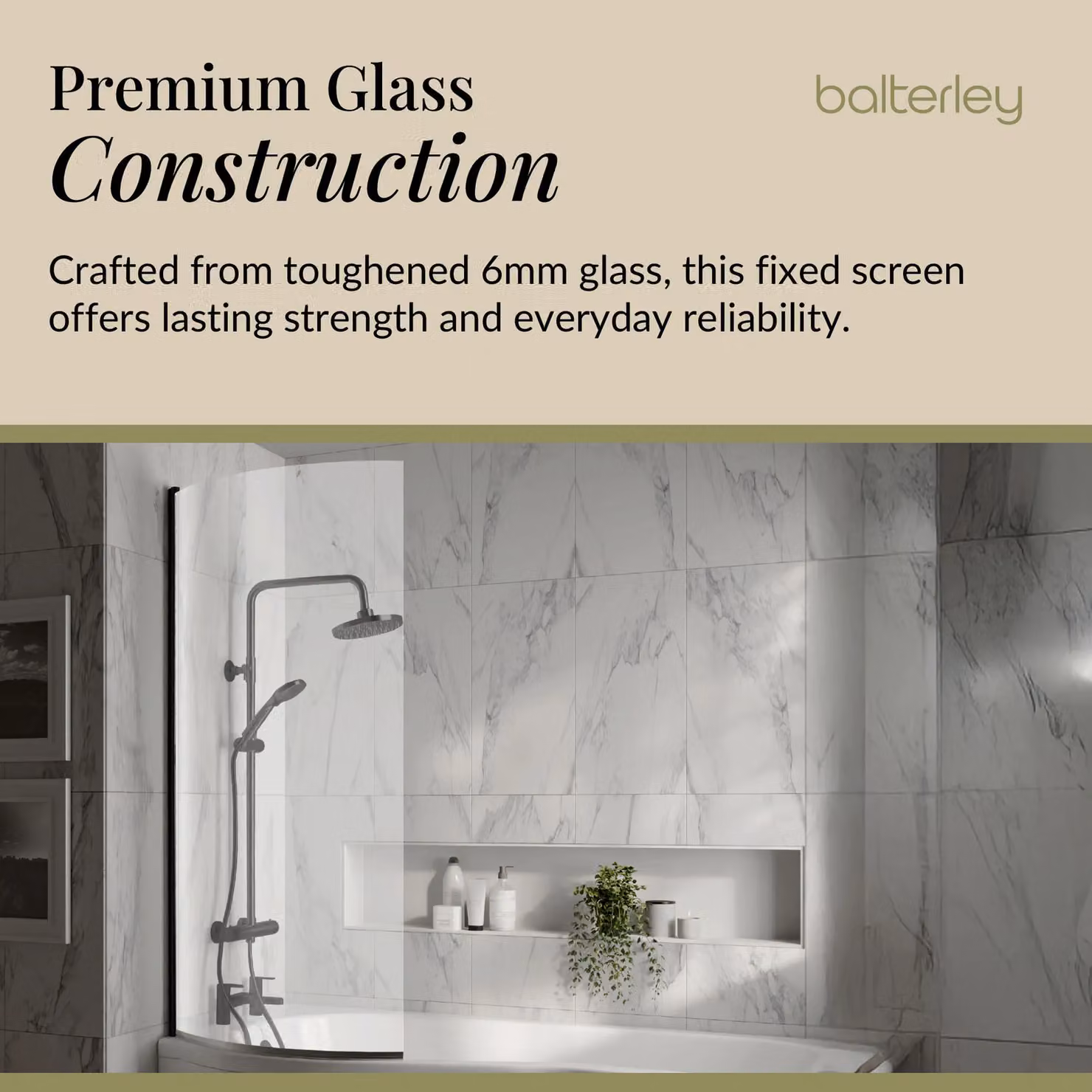 Balterley Curved Reversible P Bath Screen, 6mm Toughened Safety Glass, Black, W: 70.0 cm, H: 143.0 cm – 2