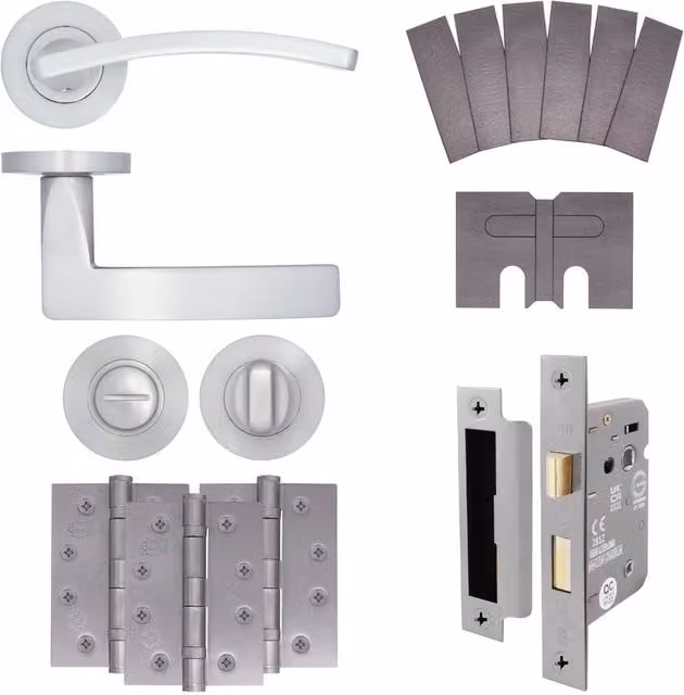 AFIT Satin Chrome Fire Door Handle Bathroom Set with Internal Lock and Hinges in Silver