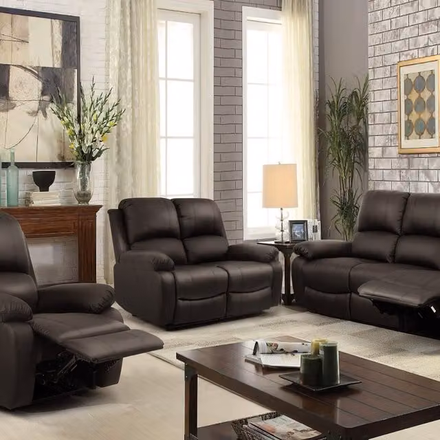Comfy Living Brown Bonded Leather Reclining Sofa Set with 3 Seater, 2 Seater and Armchair