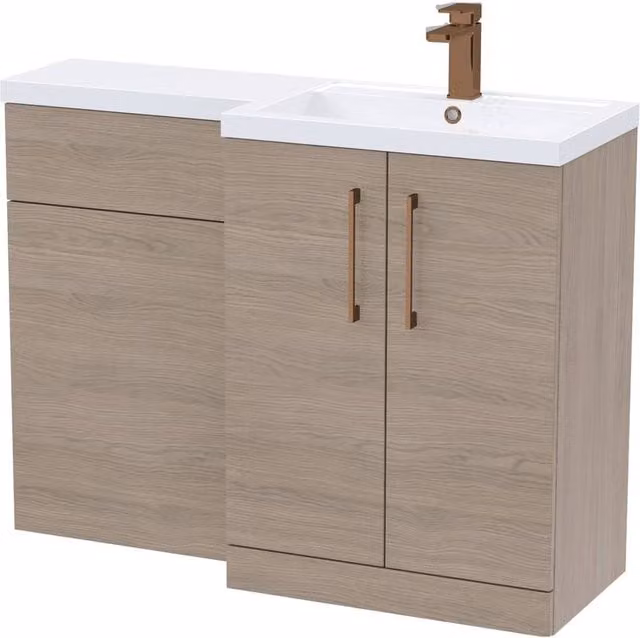 Balterley Modern Brown Wood Freestanding Right-Hand Vanity and WC Unit Combination with Brushed Bronze Details, W: 110 cm, H: 80 cm – 1