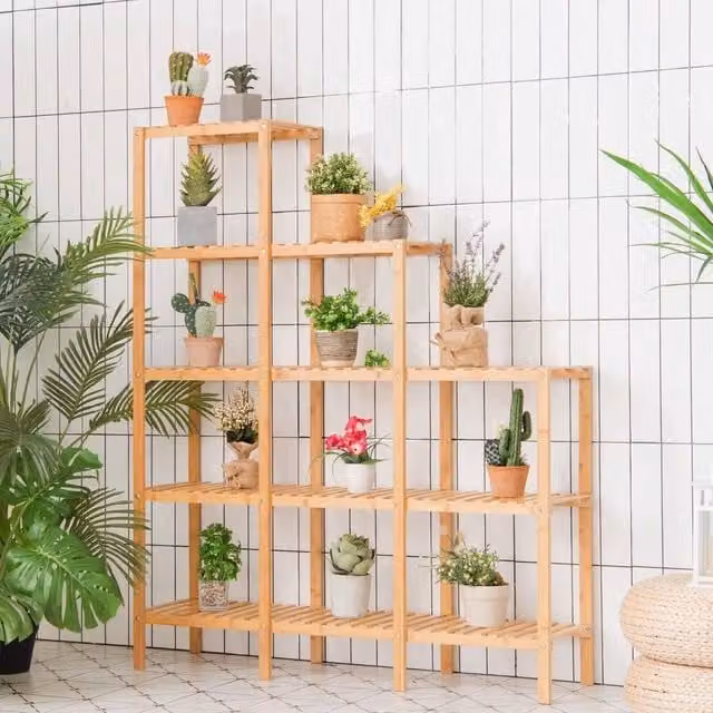 KORVIXA 5-Tier Bamboo Plant Holder Stand in Brown, Height: 100 cm