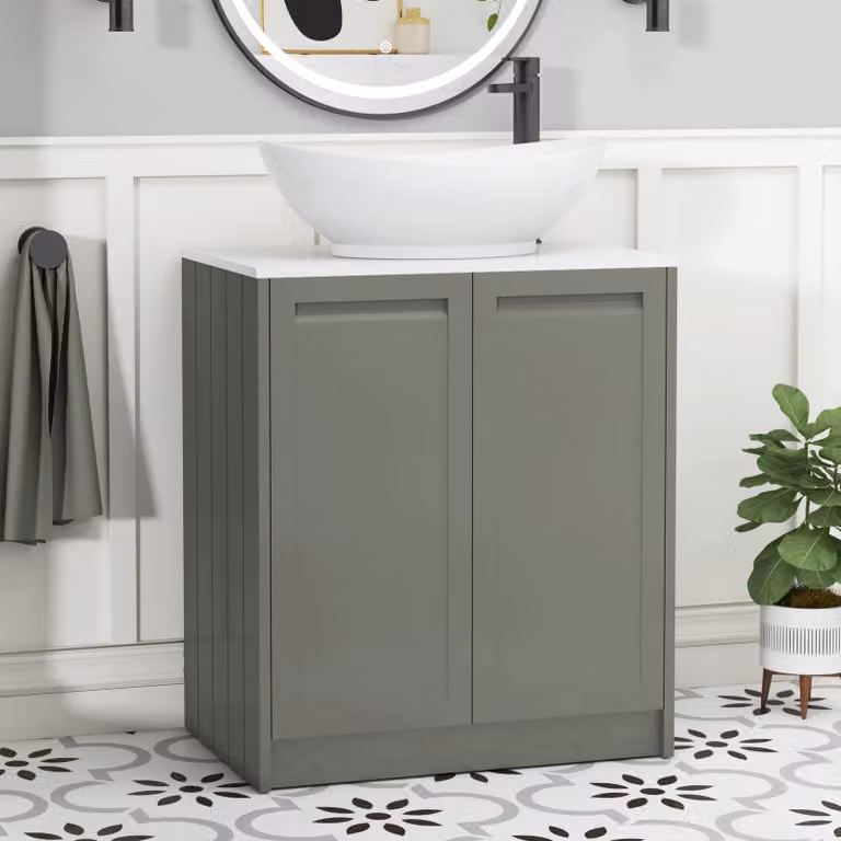 Royal Bathrooms Elmore 700mm Matt Green Floor Standing 2 Door Vanity Unit with Plain White Worktop and Amaze Basin