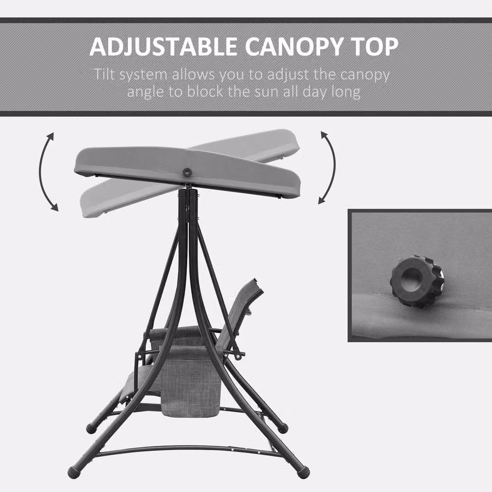 OUTSUNNY 3-Seater Metal and Fabric Swing Chair with Sun Canopy in Grey – 3
