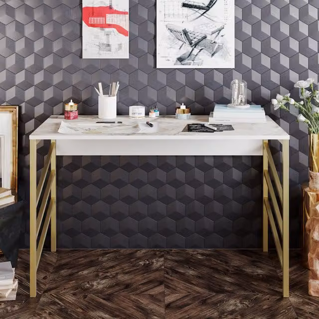 Tunalli Computer Desk in White and Gold