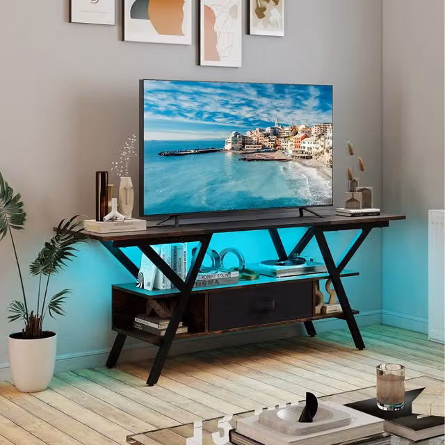COSTWAY Industrial 3-Tier Wood Entertainment Center in Brown Matt Finish