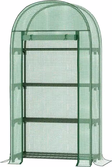 Outsunny Compact Mini Greenhouse with Storage Shelf and Roll-Up Zippered Door, Green, W: 80 cm, D: 49 cm, H: 160 cm – 1