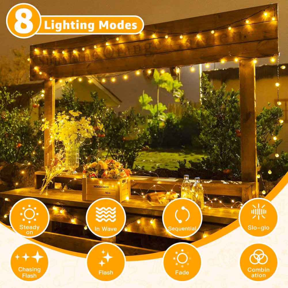 Ollny Warm White Solar String Lights with 100 LEDs, 12m Length, IP44 Waterproof, 8 Modes and Auto On/Off in Black – 4