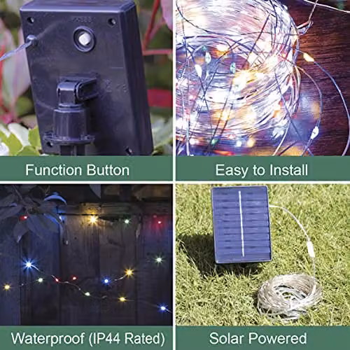 GardenKraft Solar Powered Multicoloured Micro LED Outdoor String Lights with Silver Cord and IP44 Weatherproof Rating – 3