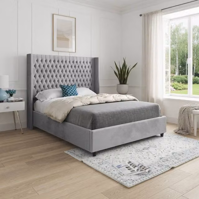 KDMD Wellesbourne Winged Upholstered Designer Bed Frame in Grey Soft Velvet, W/D/H: 137 x 128 x 200 cm – 1
