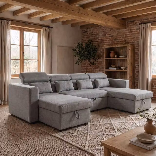 Sofaya Chelsea U-Shape Convertible Sofa Bed with Hidden Storage in Grey Fabric, 4 Person – 1
