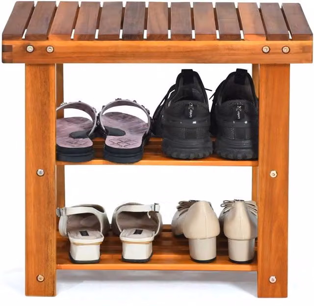 Havendro 3 Tier Acacia Wood Shoe Rack with Bench in Brown, W/D/H: 50 x 28 x 45 cm